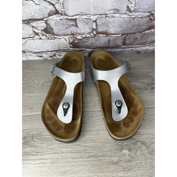 Birkenstock Gizeh Silver Birko Flor Leather Thong Sandals Women Sz 39EU/8.5M US - Picture 11 of 16